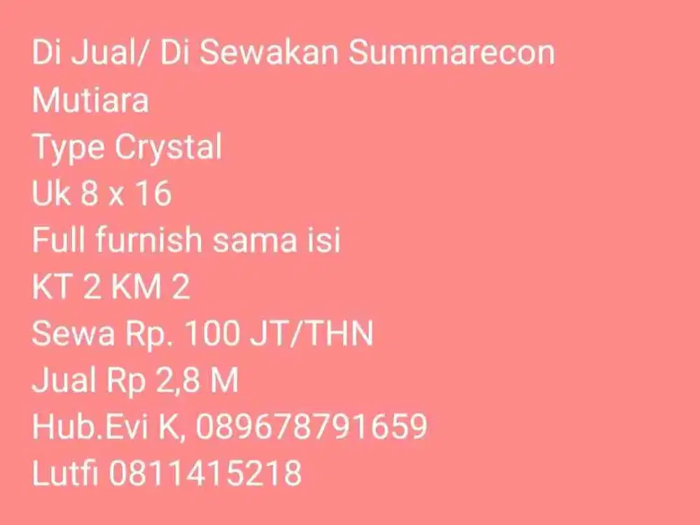 Di Jual/Di Sewakan Rumah type Crystal , Summarecon Mks