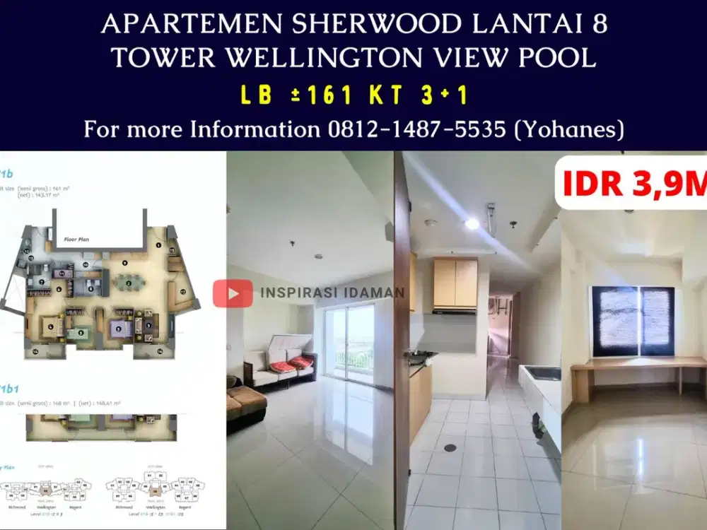 Apt Sherwood 161mtr 3+1KT lantai 8 Tower Wellington view Pool