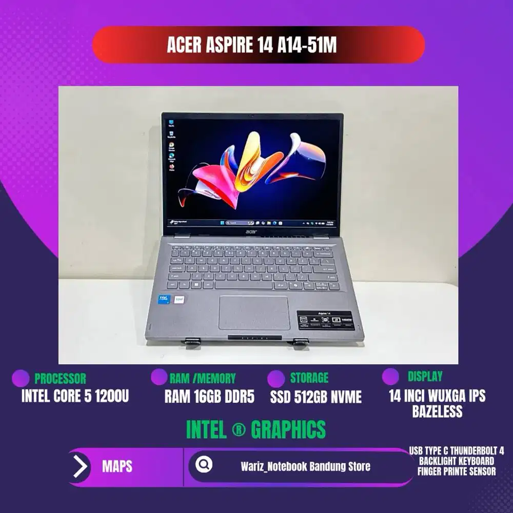 ACER ASPIRE 14 A14-51M CORE 5 1200U RAM 16GB DDR5 SSD 512GB NVME 14inc