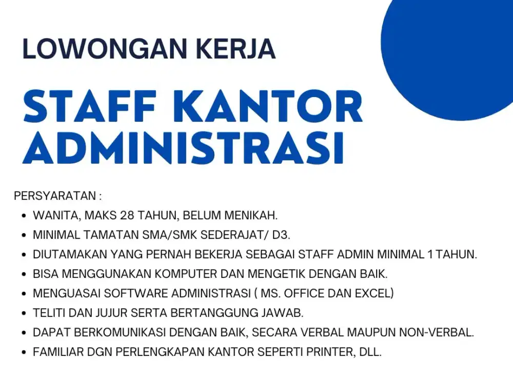 Dibutuhkan admin kantor