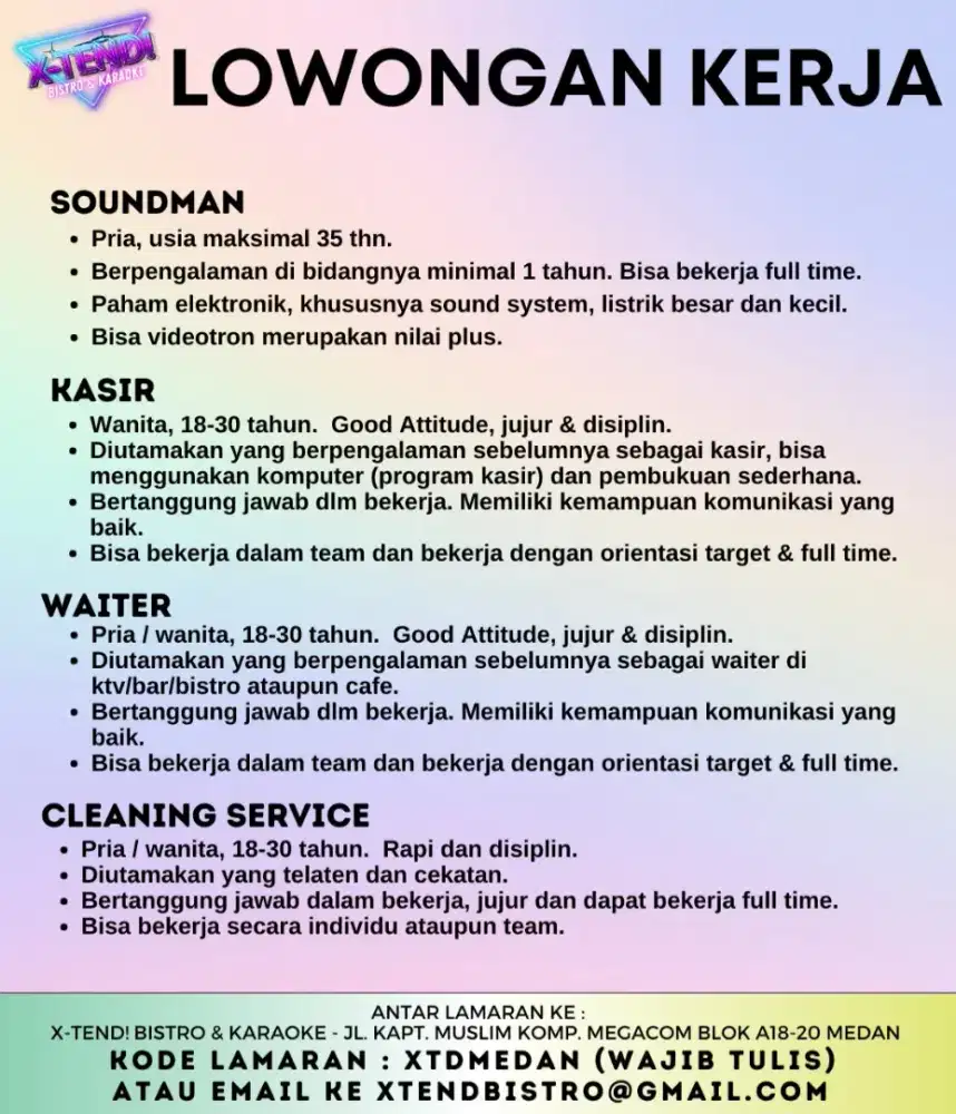 Dibutuhkan kasir, waiter, soundman dan cleaning service