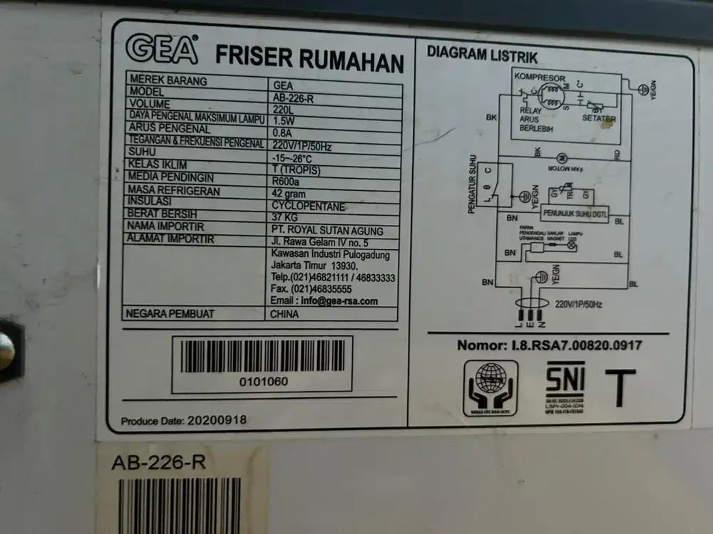 Dijual Freezer GEA AB 226 R 220L (second)