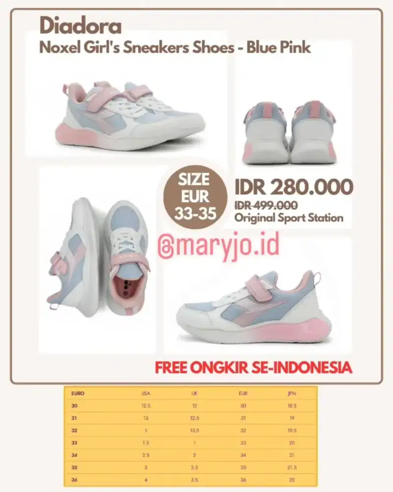 Diadora Noxel Girl's Sneaker Shoes - Blue Pink : size 33, 34, 35