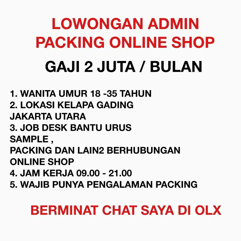 LOWONGAN ADMIN DAN PACKING ONLINE SHOP