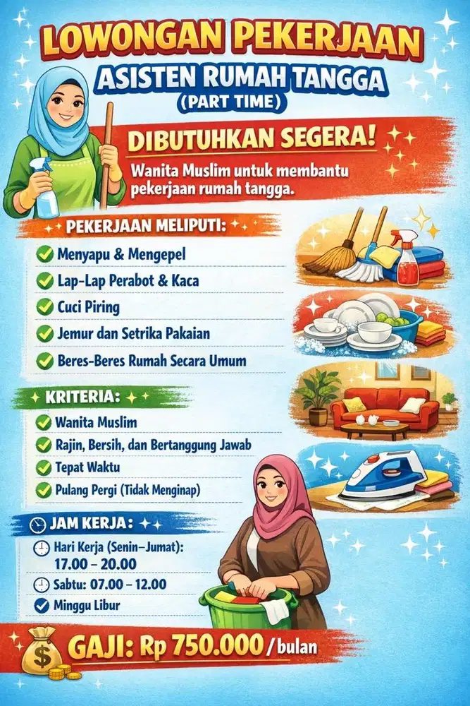 LOWONGAN PEKERJAAN ASISTEN RUMAH TANGGA (PART TIME)