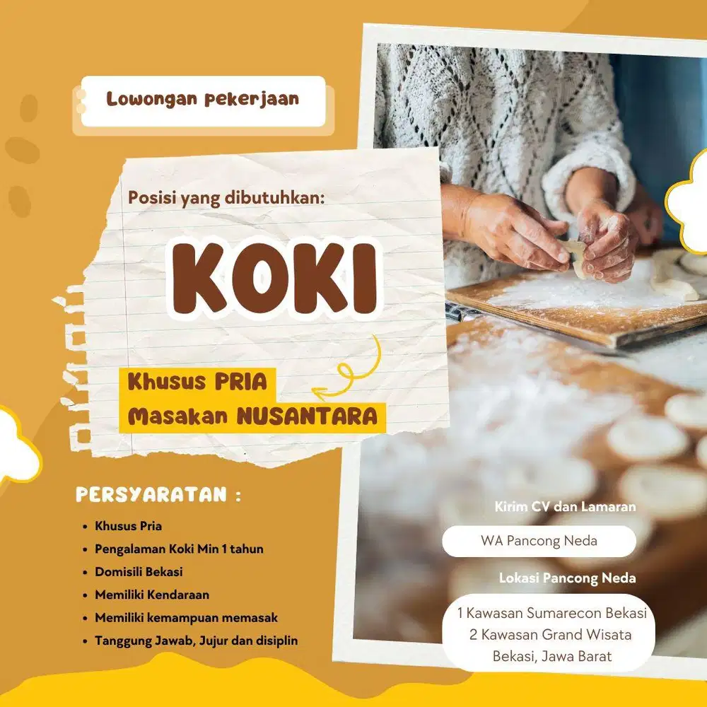 DIBUTUHKAN SEGERA : KOKI / CHEF (TANPA DIPUNGUT BIAYA)