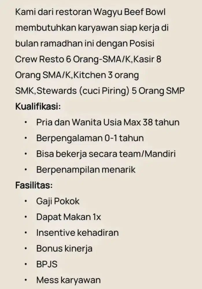 Butuh 15 orang tenaga resto