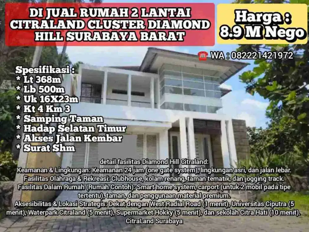 Perumahan Citraland Cluster Diamond Hill Surabaya Jawa Timur Rumah 2 Lantai Hook