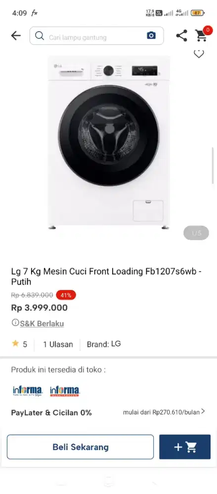 Mesin cuci lg 7kg bisa kredit tanpa dp pakai indodana paylater