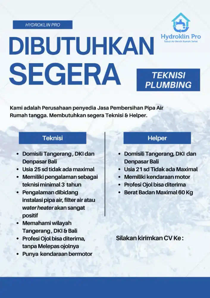 Dicari Patner Teknisi Plumbing