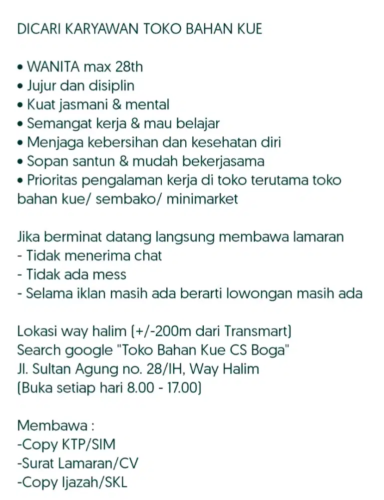 DICARI KARYAWAN TOKO BAHAN KUE