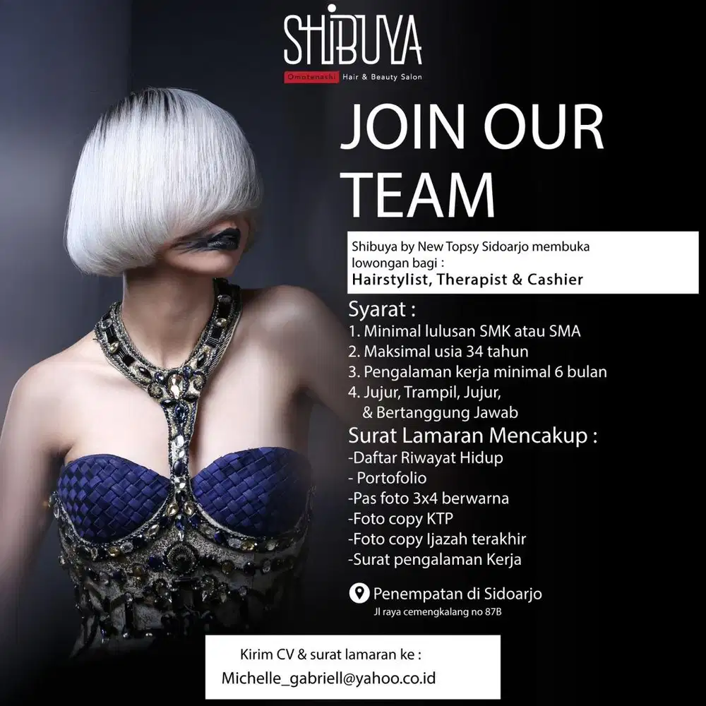 Lowongan kerja untuk cashier, therapist, dan hairstylist