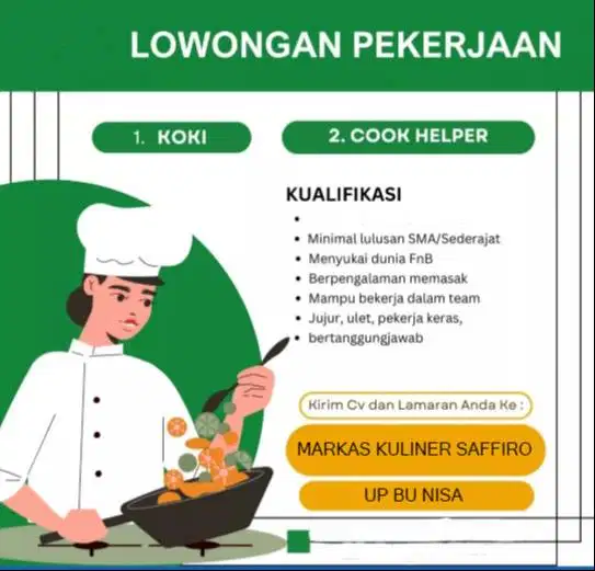 LOWONGAN JURU MASAK DAN ASISTEN JURU MASAK DI MARKAS KULINER SAFFIRO