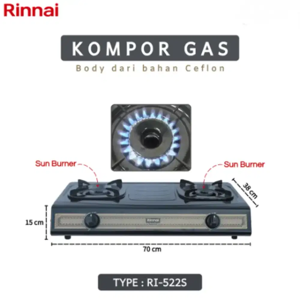 Kompor Gas Rinnai RI-522S 2 Tungku Hitam batik Api Sun Burner