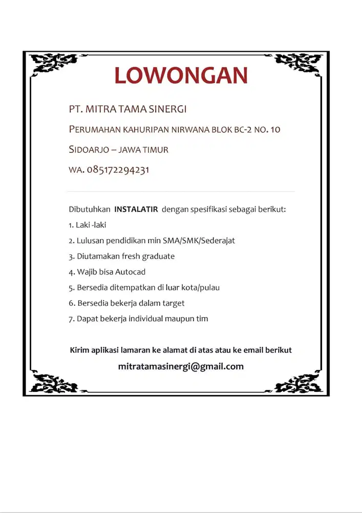 Lowongan Kerja Instalatir