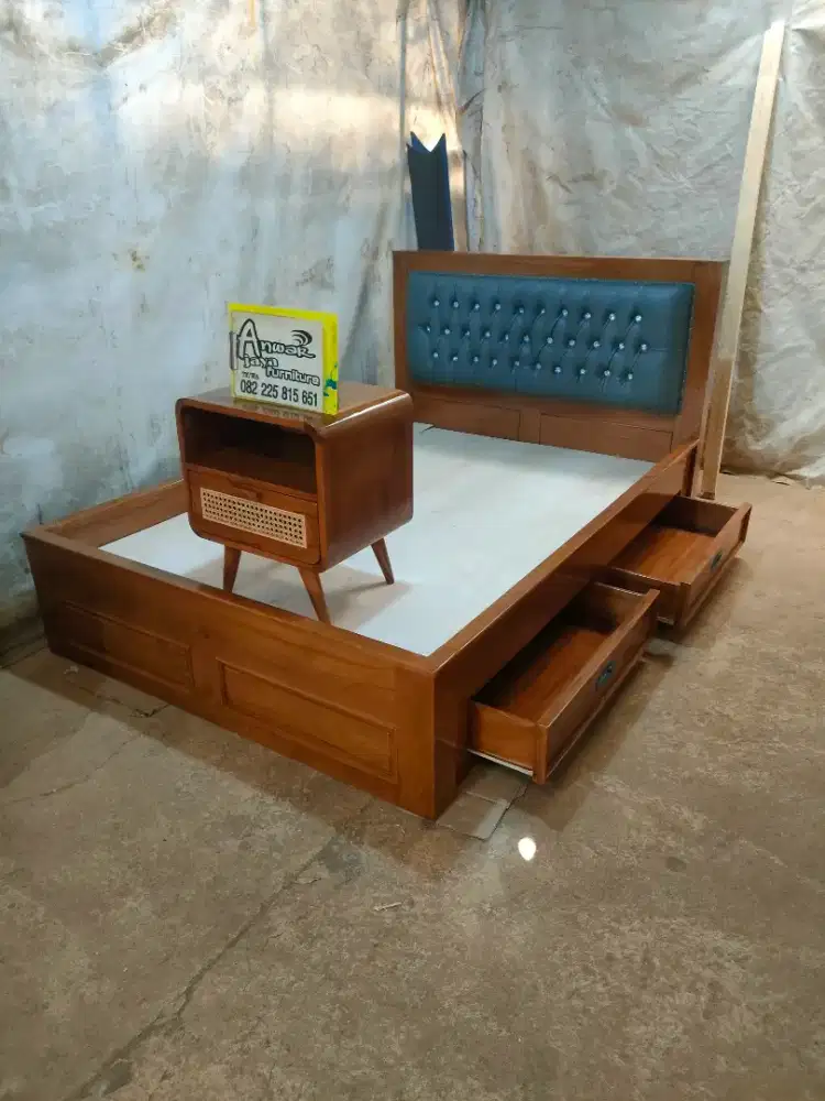 Tempat tidur dipan minimalis set nakas full kayu jati