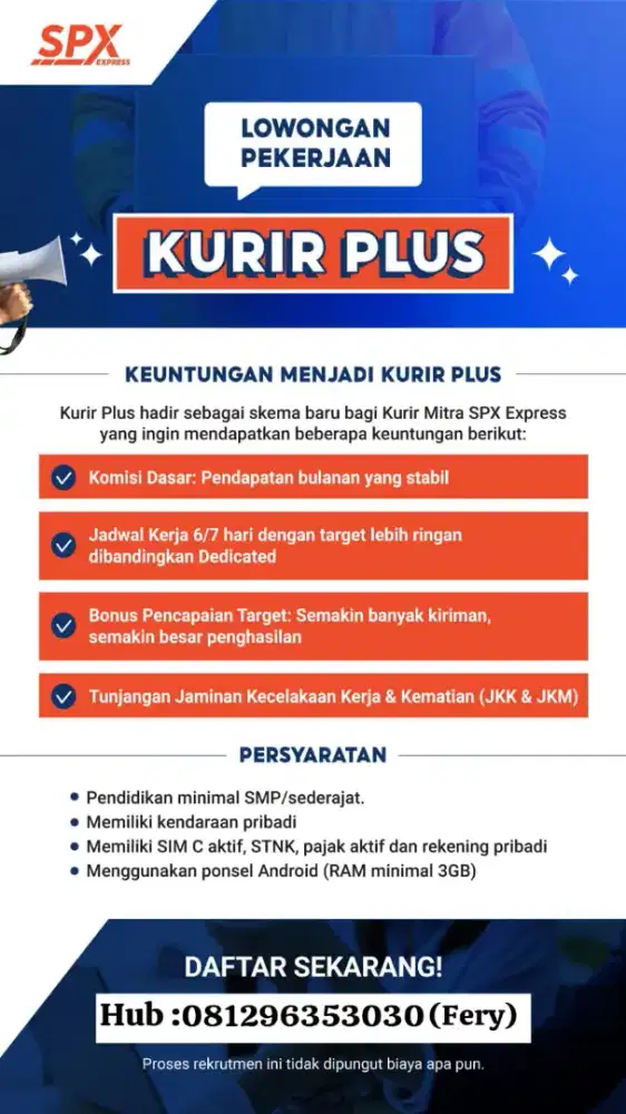 Lowongan Kerja Kurir Motor Mitra dan Kurir Plus