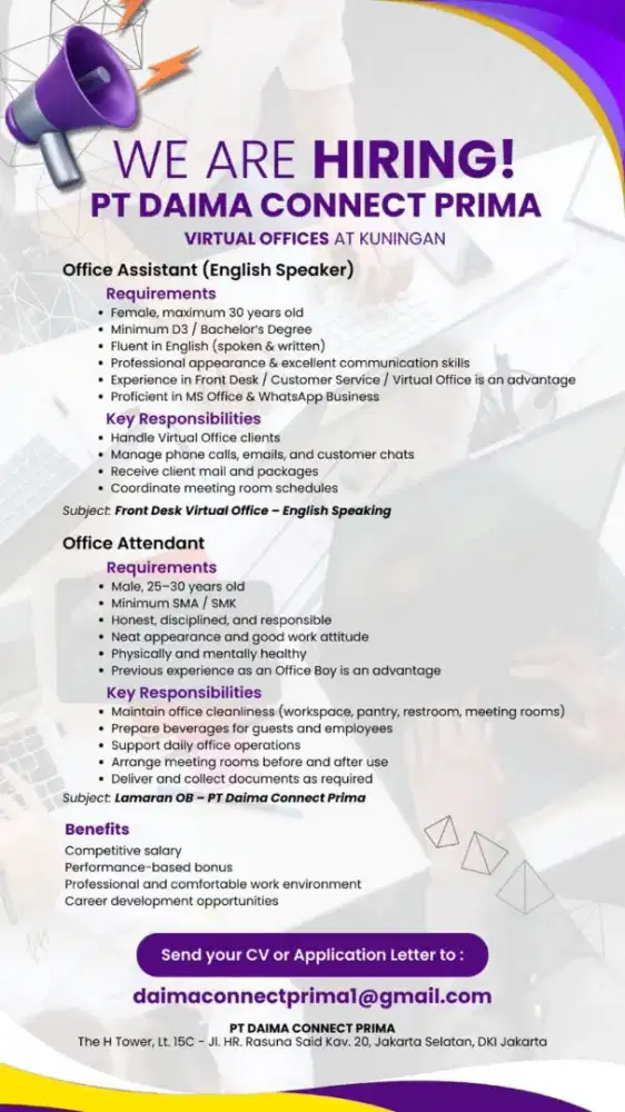 Dibutuhkan segera Frondesk untuk kantor Virtual Office