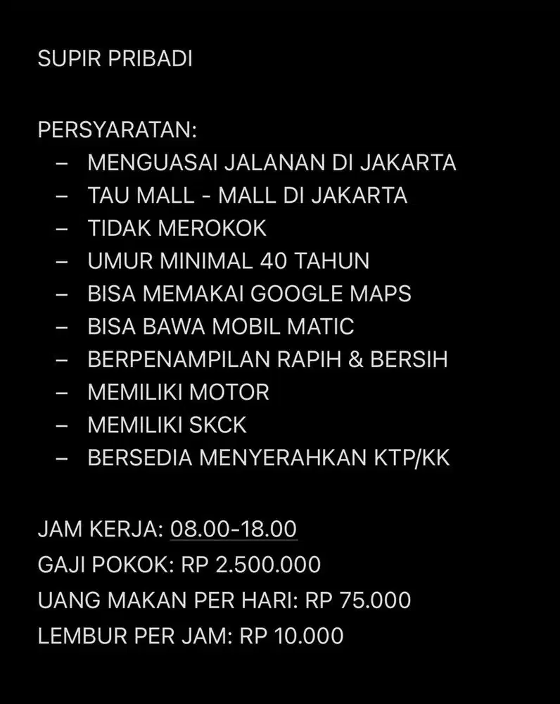 SUPIR PRIBADI (MENTENG-JAKARTA PUSAT)