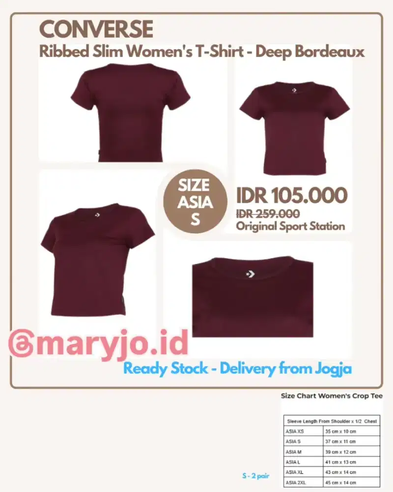 Converse Ribbed Slim Women's T-shirt - Maroon : Size S