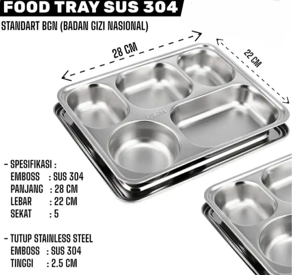 Nampan Stainless 304 (nampan MBG) sekat 5