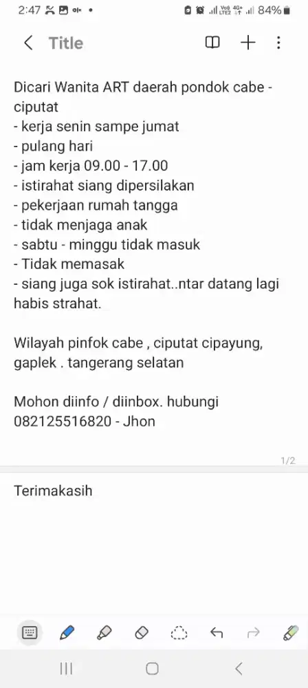 Dicari ART daerah pondok cabe - ciputat cipayung