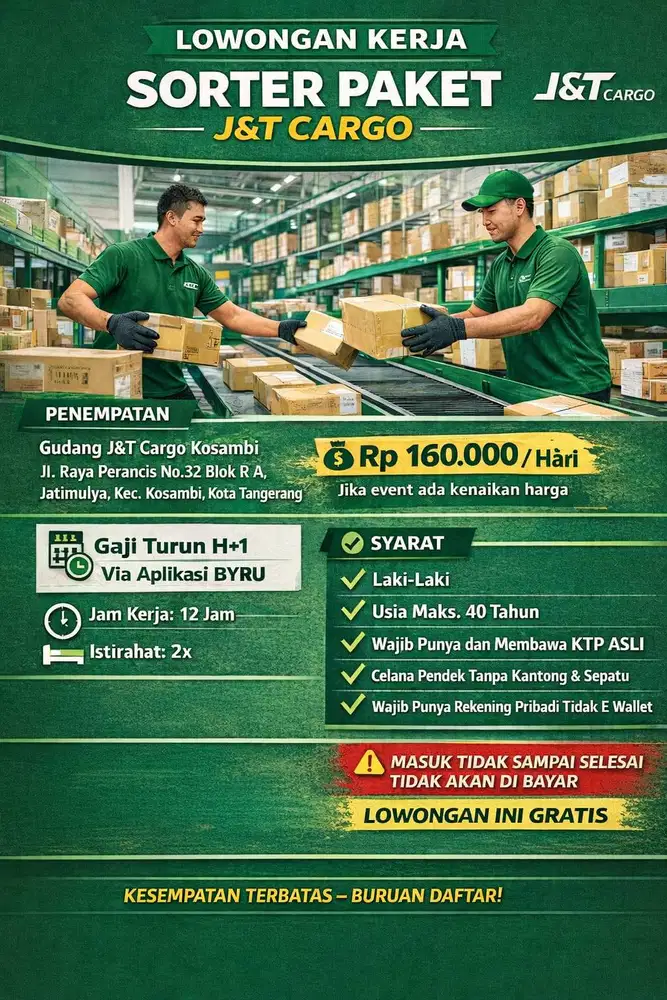 WAREHOUSE J&T CARGO KOSAMBI TANGGERANG (GAJI H+1)