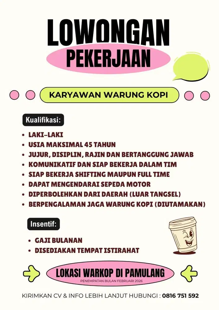 Loker ART dan Jaga Warkop di Pamulang