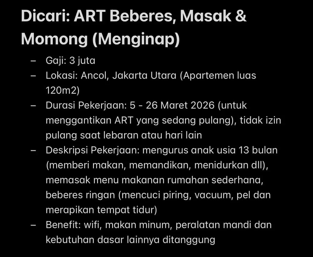 Dicari: ART Beberes, Masak & Momong (Menginap)