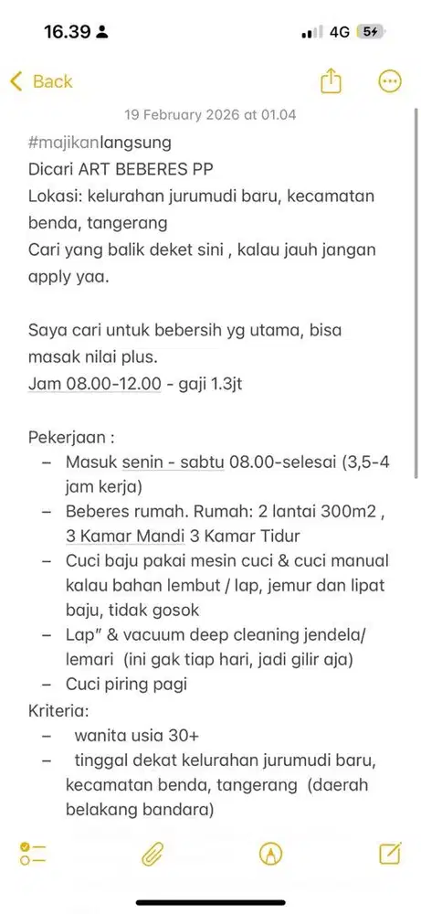 DICARI ART PP DAERAH BENDA TANGERANG