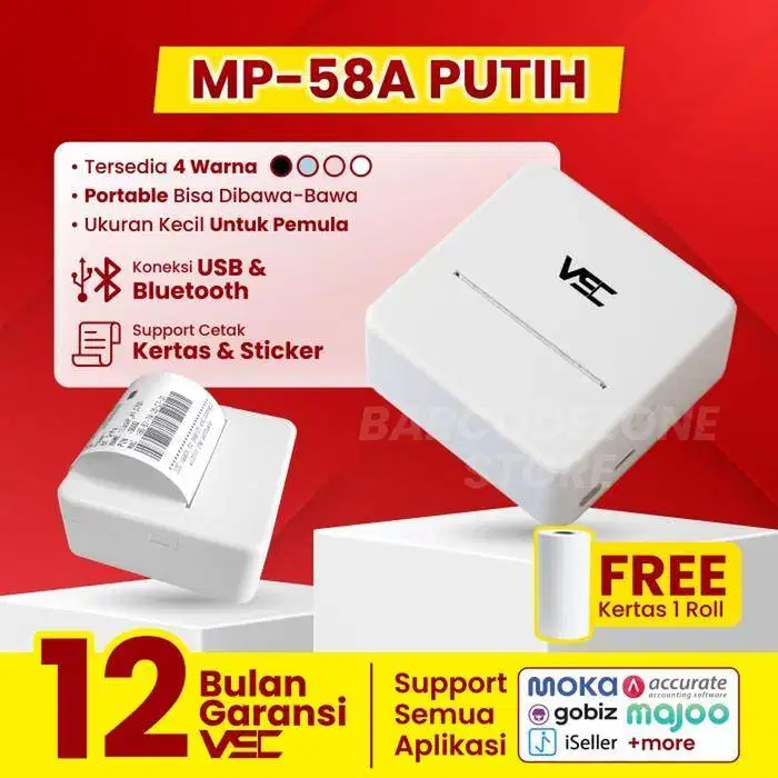 printer mobile bluetooth thermal VSC 58B ukuran kertas 58mm White BARU