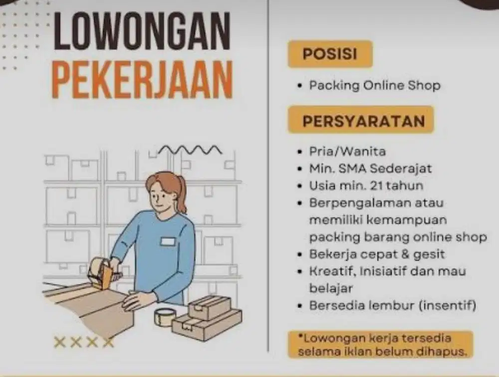 Dicari lowongann kerja Packing online shop .  Umr 1.900.000