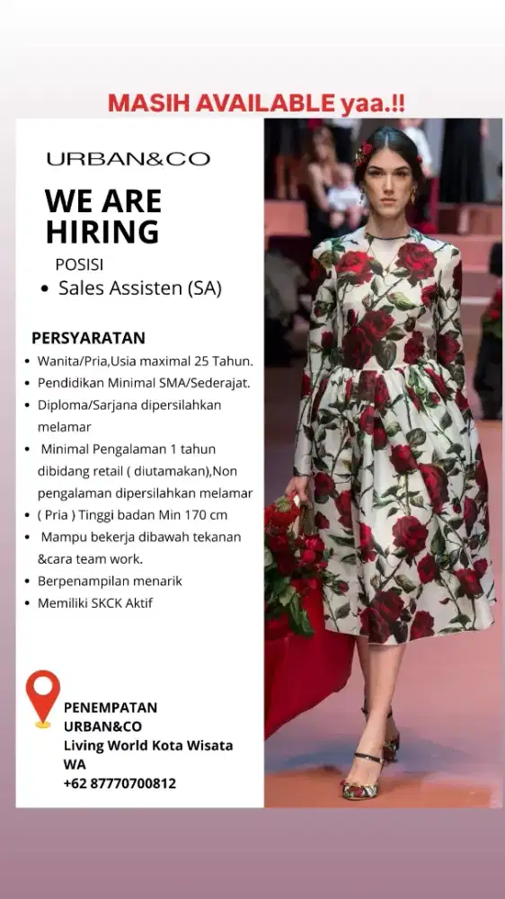 Di butuhkan segera SPG untuk Brand Uban&co Mall LW Kotawisata