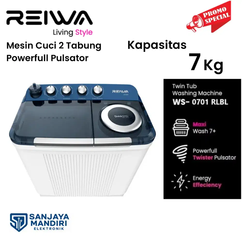 TERMURAH! REIWA Mesin Cuci 2 Tabung 7 Kg LOW WATT POWERFULL PULSATOR