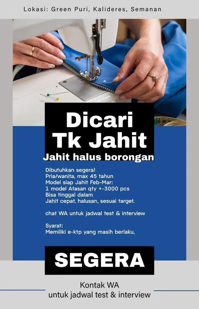 Dicari tukang jahit halusan borongan produksi
