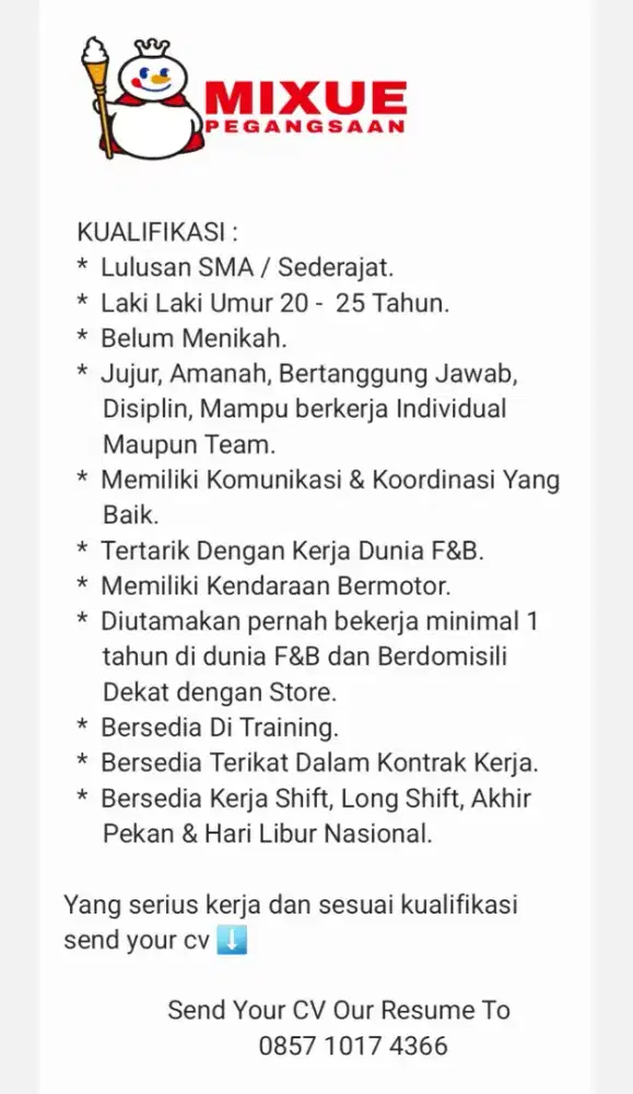 Crew Barista Mixue Pegangsaan