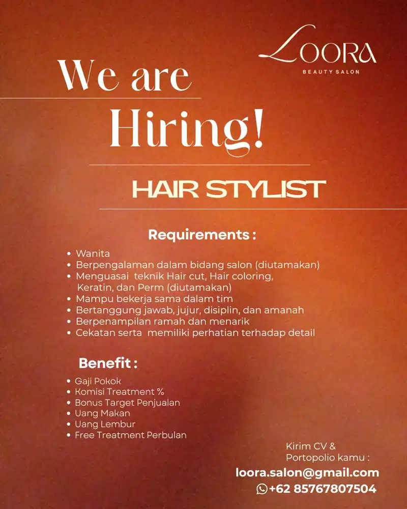 Dibutuhkan segera hairstylist & terapis