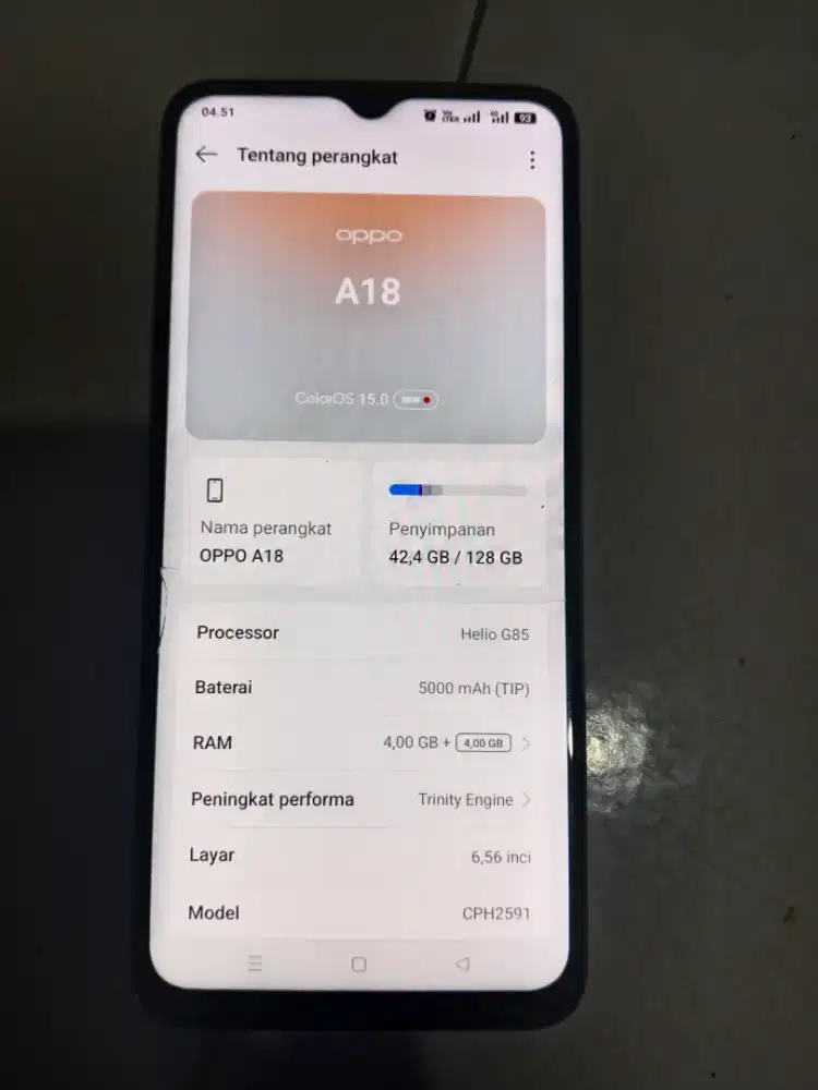 Dj jual BU cepat hp oppo A18, ram 4+4/128, kelengkapan hp dan casan,