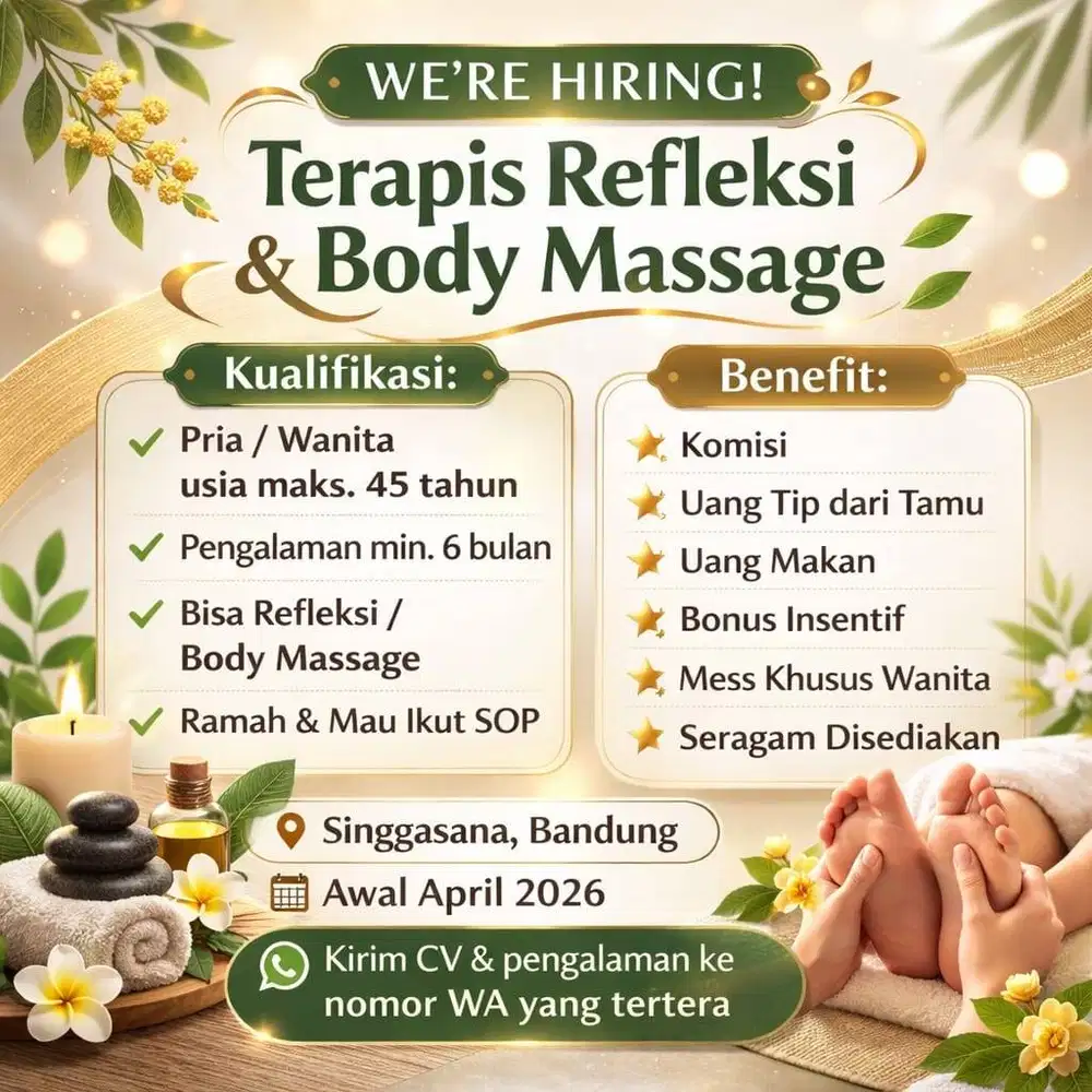 Loker Terapis Reflexology & Body Massage – Komisi + Mess