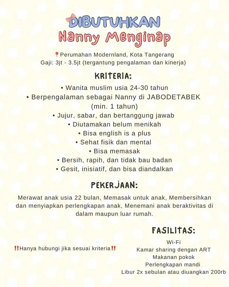 Loker Babysitter Nany Anak 2thn