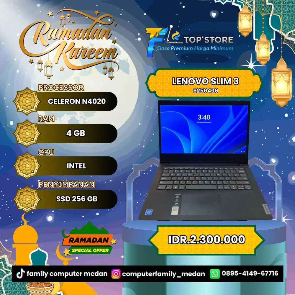 LAPTOP LENOVO SLIM 3 CELERON N4020 SSD 256/4GB