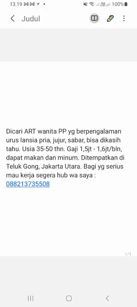 Dicari pembantu wanita yg berpengalaman urus lansia pria