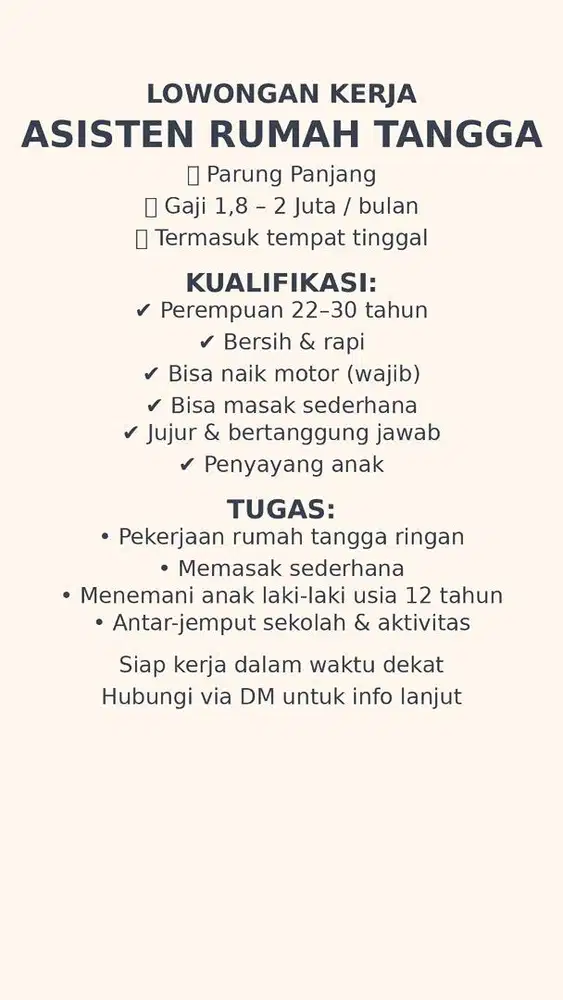 Dicari Asisten Rumah Tangga(ART)