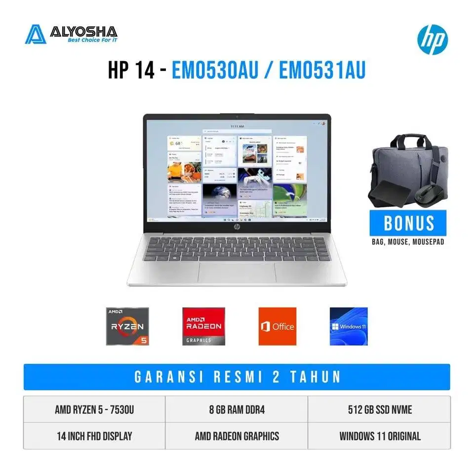 Laptop HP 14 EM0530AU/EM0531AU Ryzen 5 7530U 8GB SSD 512GB 14′′ FHD