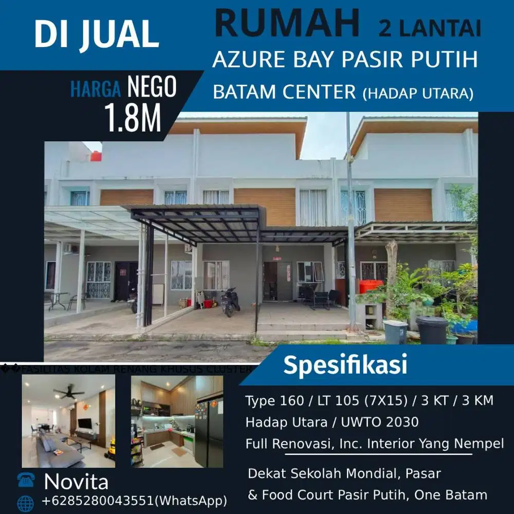 Rumah 2 Lantai Full Renovasi AZURE BAY Pasir Putih Batam Center
