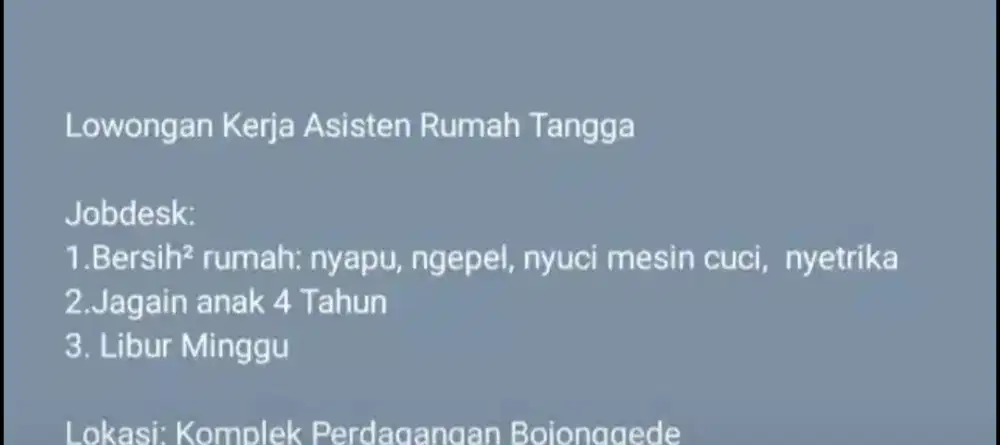 Lowongan Asisten Rumah Tangga  Wanita