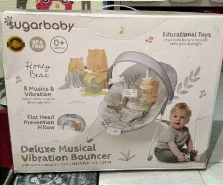 SUGAR BABY DELUXE MUSICAL VIBRATION BOUNCER - Grey/ Honey Bear (Classs
