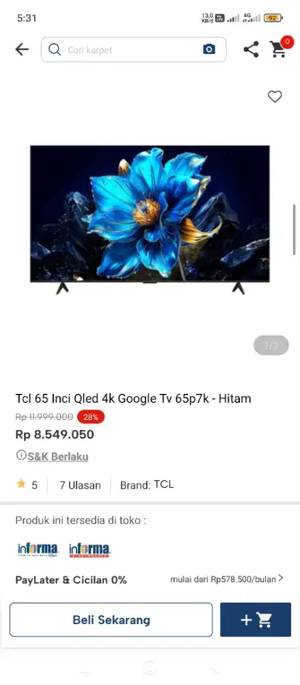 TV TCL 65 Inc QLED Google TV bisa cicilan tanpa dp pakai indodana