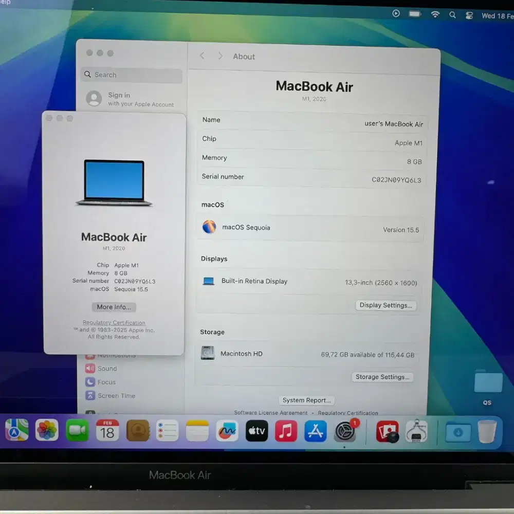 Macbook Air M1 Layar 13 inch Ram 8 Ssd 128 Space Grey