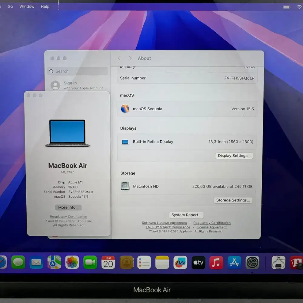 Macbook Air M1 Ram 16 Ssd 256 Layar 13 inch Full set Space Grey